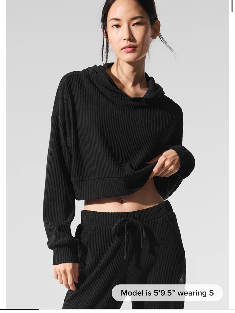 Alo Muse Set Women's Black Ribbed Cropped Hoodie Sweater and Pants